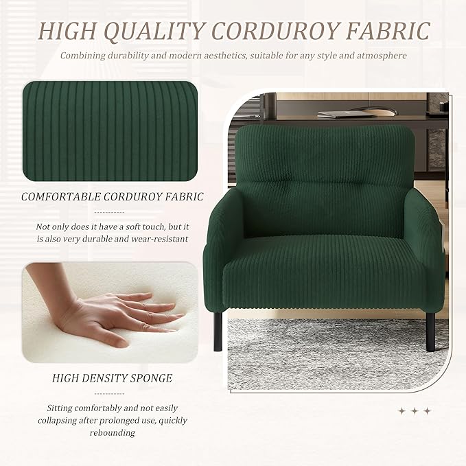 KEIKI 26" Corduroy Single Sofa Chair with Double Side Pockets & High Resilience Cushion, Modern Ergonomic Design Upholstery Oversized 1-Seater Accent Chair, Easy Assembly, for Living Room, Emerald