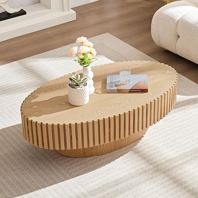 Oval Coffee Table for Living Room Unique Wood Coffee Table Fluted Pedestal Table Modern Handcrafted Centre Table, Easy Assembly 43.7", Oak