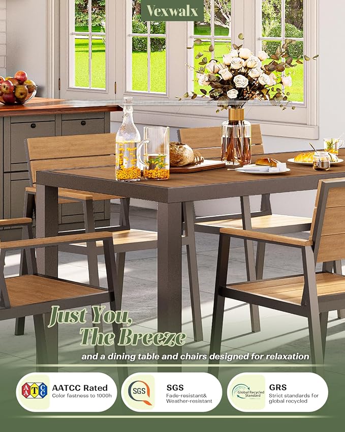 Vexwalx 5-Piece Outdoor Dining Set, Aluminum Dining Table Set for 4, Patio Table and Chairs Set with Umbrella Hole, All Weather HDPS Outdoor Table and Chairs for 4 (Gray-Teak) - Image 4