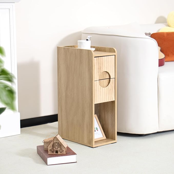 Small Fluted Nightstand Set of 2, Wood 2 Drawer Narrow Nightstand, Slim Side Table, Modern Boho End Bedside Table, Natural Wood Night Stand with Drawers for Bedroom, Living Room, Natural - Image 3