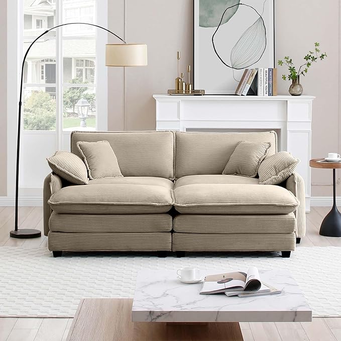 KEIKI 81" Oversized Corduroy Modular Sectional Loveseat Sofa with 2 Ottoman, High-Density Foam Cushions, Removable Armrests, Upholstered 2-Seater Corner Couch with 4 Pillow, for Living Room, Tan