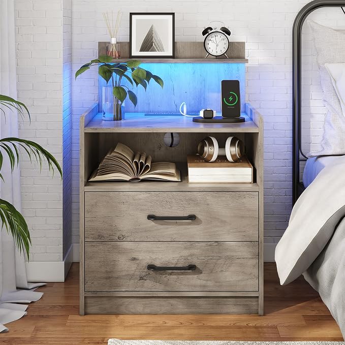 LED Nightstand with Charging Station, Night Stand with 2 Drawers and Open Storage, Bedside Table with LED Lights, Modern End Table with USB Ports Outlets, Grey by Diliplain