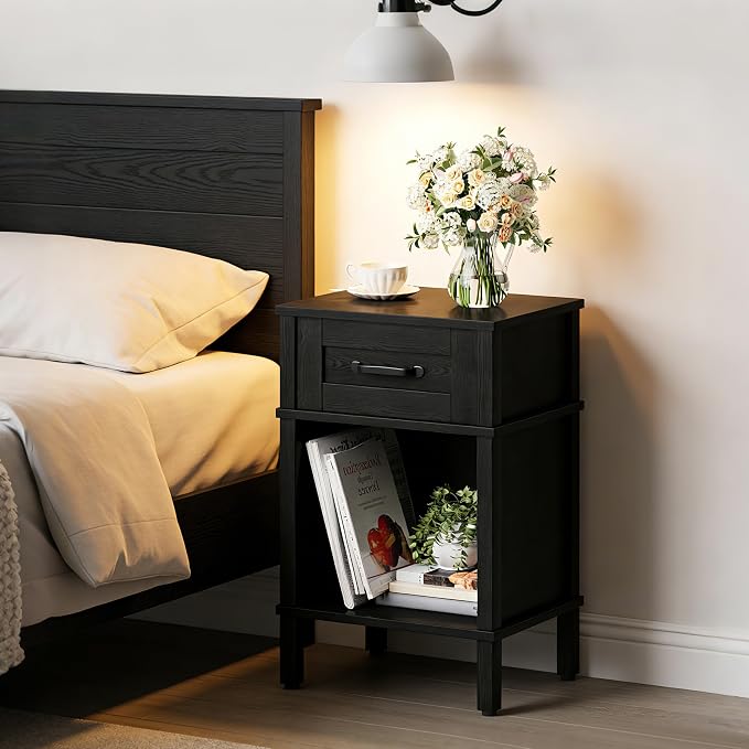 Farmhouse Nightstand with Drawer, Small Wood Side Table, Wooden Bedroom Nightstand, Wood Night Stand, Black Bedside Table with Storage, Black End Table for Living Room LET512B - Image 7