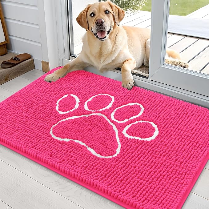 OLANLY Dog Door Mat for Muddy Paws 36x24, Paw Print Design, Absorbs Moisture and Dirt, Absorbent Non-Slip Washable Doormat, Quick Dry Chenille Mud Mat for Dogs, Entry Indoor Entryway Carpet, Hot Pink by OLANLY