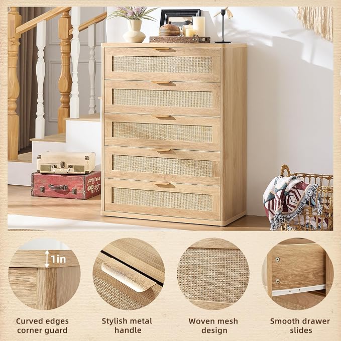 LEYAOYAO Rattan Dresser for Bedroom Set 2, 41" Tall Chest of Drawers, Modern 5 Drawers Boho Dressers with Storage, Light Oak Dresser Wooden Closet Organizer for Living Room, Hallway, Natural Wood - Image 8