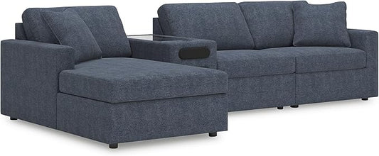 Signature Design by Ashley Modmax Contemporary Stain Resistant Left-Arm Facing 4-Piece Sectional with Chaise, Audio Console, Armrest, Throw Pillows, Storage, Reversible Cushions and USB Port, Blue