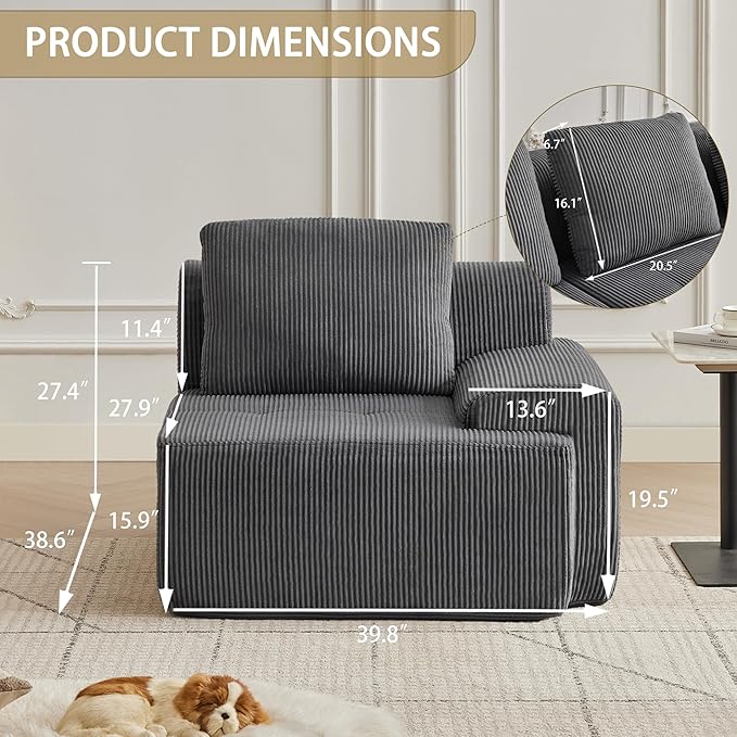 Modular Sectional Sofa with Movable Ottoman, 1 Seat Deep Seat Couch with 1 Pillow, Comfy Cloud Sectional Sofa for Living Room, Bedroom and Apartment (Grey, 1 Right)