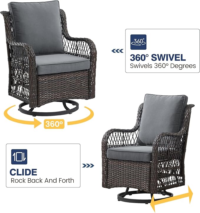 GarveeHome 3 Piece Outdoor Patio Set, Wicker Rocking Bistro Set with 2 Swivel Chairs & Tempered Glass Top Table, Rattan Outdoor Furniture with Cushions for Patio Porch Backyard