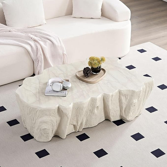 48.62" Coffee Table Modern Unique Shape Fiberglass Center Table for Living Room Apartment Office, No Need Assembly, Beige Tree Root Texture Pattern