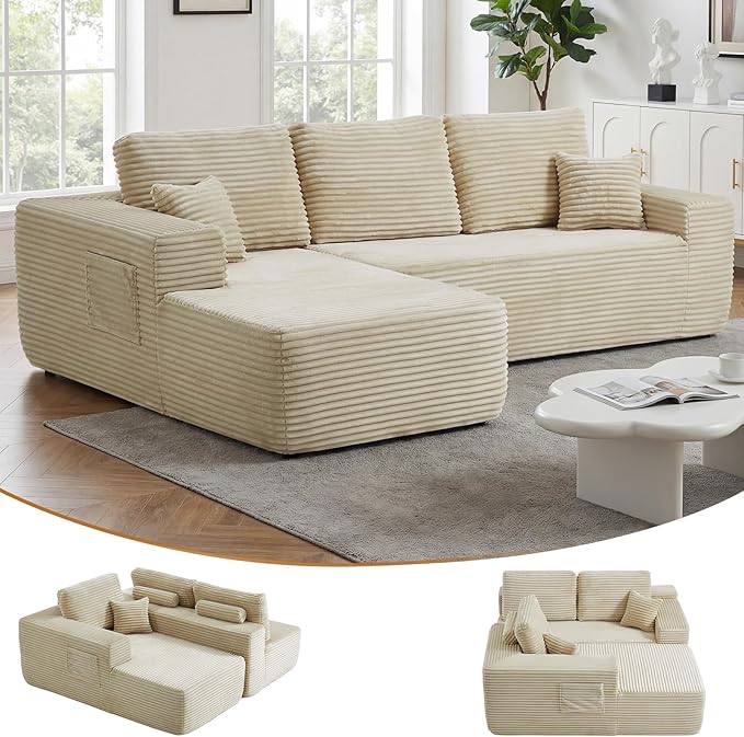 104 inch Boneless L-Shaped Sectional Sofa with Throw Pillow & Side Pockets- No Assembly Compressed Modular Couch, Memory Foam, Deep Seat for Living Room, Bedroom, Apartment White Left