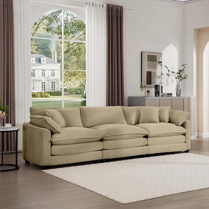 KEIKI 115" Oversized Corduroy Modular Sectional Cloud Sofa with High-Density Foam Cushions, Removable Armrests, Upholstered Modern 3-Seater Fluffy Corner Couch with 5 Pillow, for Living Room, Tan