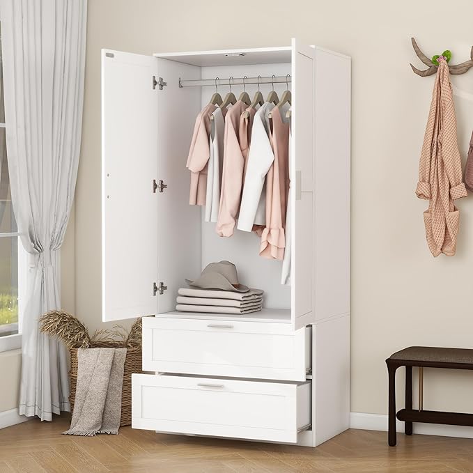 Panana Modern 2 Doors 2 Drawers Bedroom Armoires Wardrobe Clothes Storage Closet with Hanging Rod, Wooden Bedroom Freestanding Wardrobe, 31.5" W x 19.7" D x 70" H (White)
