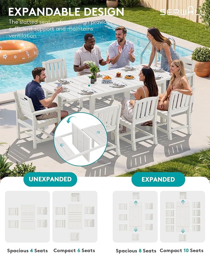 SERWALL 9-Piece Outdoor Dining Set, 60" - 83" Expandable Outdoor Dining Table and 8 HDPE Chairs, All Weather HDPE Outdoor Furniture Set for Backyard, Garden, White - Image 3