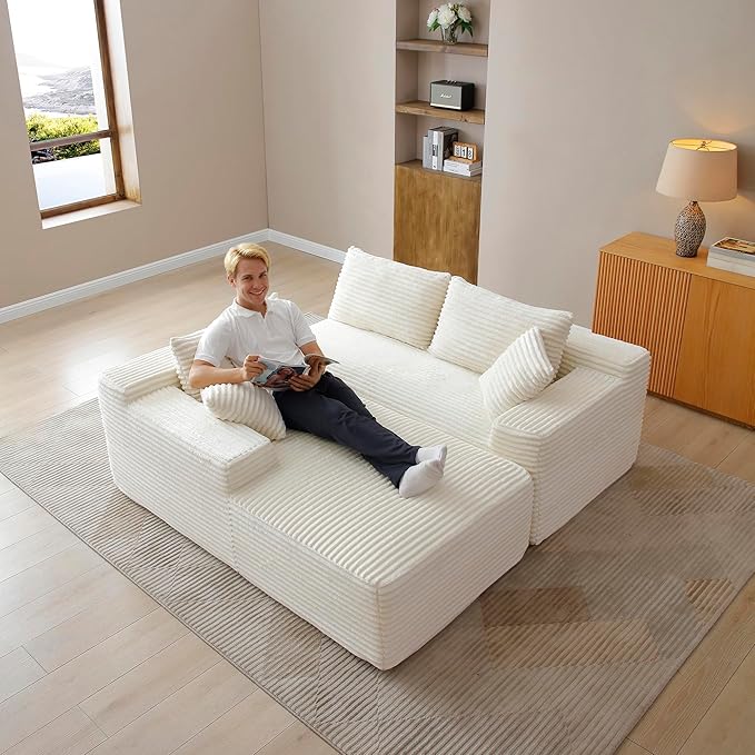 105-Inch L-Shaped Left Facing Corner Compressed Sofa Modular Sectional Boneless Cloud Sofa Floor Foam Couch with Chaise Lounge, Corduroy Corner Boneless Cloud Couch