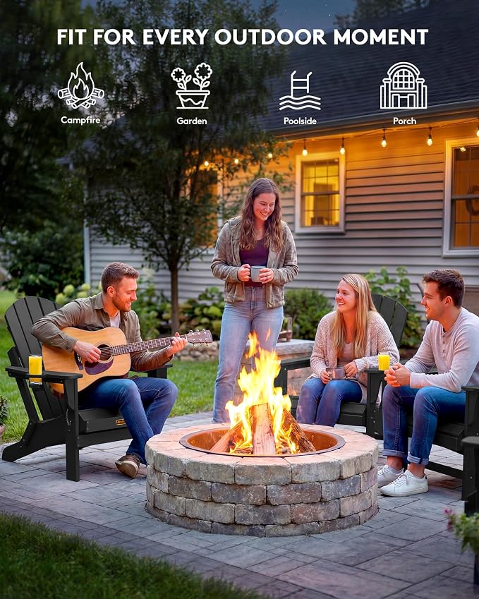 SERWALL Folding Adirondack Chair Set of 4, Weather Resistant HIPS Patio Chairs with Cup Holder for Garden Outdoors Fire Pit - Black - Image 6