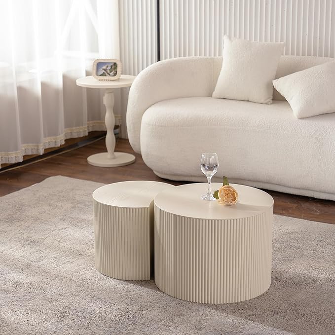 kevinplus 47.25'' Round Modern Coffee Table Set of 2 for Living Room, Wood Circle Drum Coffee Table, No Assembly, Beige
