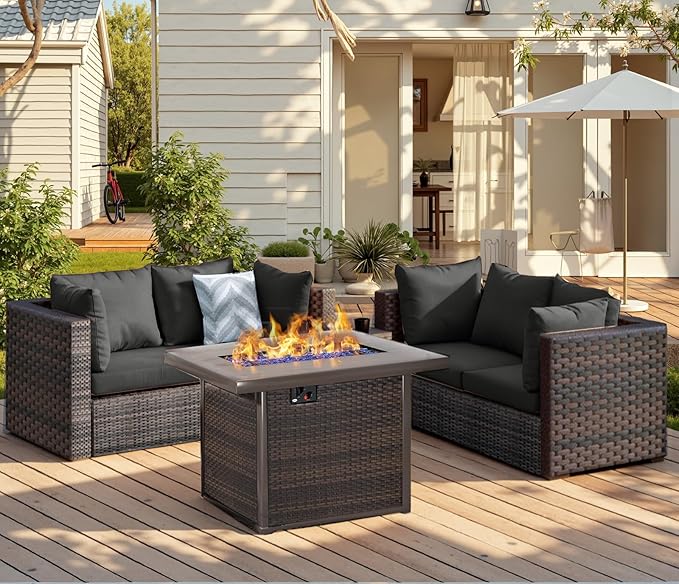 Patio Furniture Set with Fire Pit Table 5 Piece All Weather PE Rattan Outdoor Sectional Sofa Couch with 4 x arm Sofa, No-Slip Cushions for Garden, Poolside, Backyard (Black)