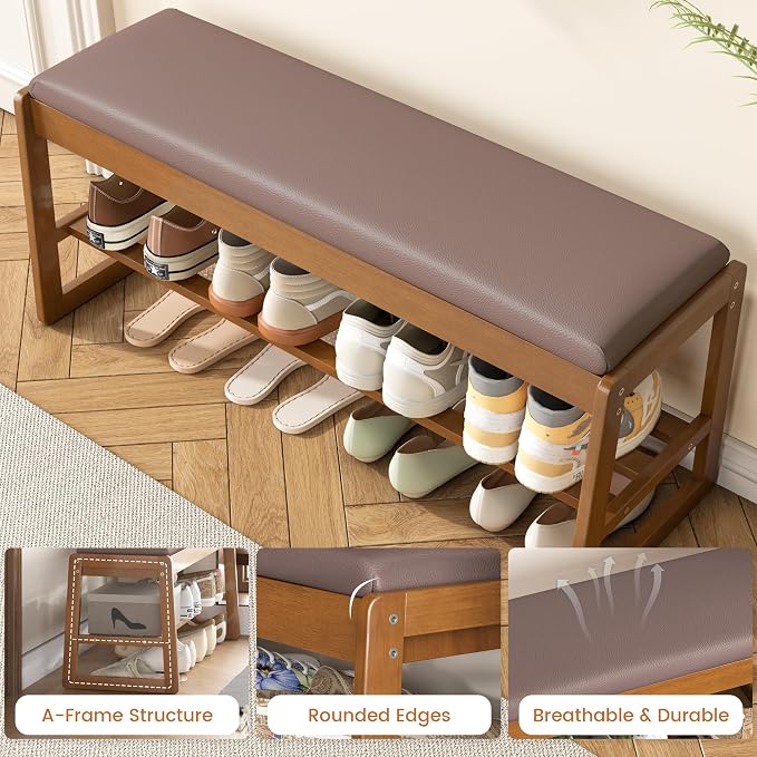 Shoe Storage Bench with Cushion - 2-Tier Shoe Rack Entryway Bench with Flip-Top Storage, Walnut Wooden Shoes Benches Organizer for Entryway, Hallway, Living Room, Bedroom, Closet(Walnut, 39.4" W) - Image 4