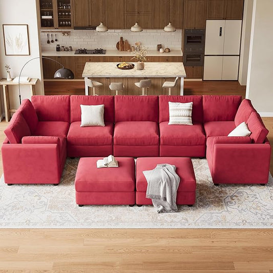 GAOMON Oversized Modular Sectional Sofa, 9 Seater Sectional Couch, 172" U Shaped Sofa with Movable Ottoman, Convertible Modular Couch for Living Room Apartment and Office, Chenille Red