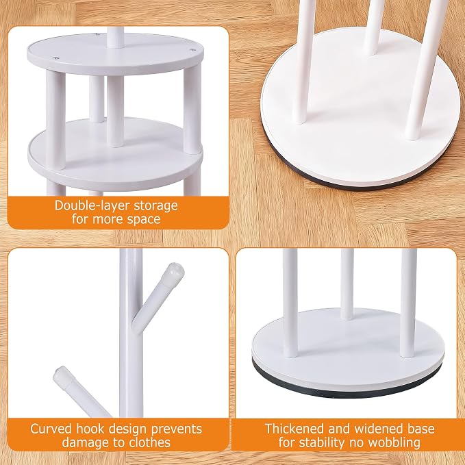 VECELO Coat Rack Freestanding, Entryway Hanger Stand, Umbrella Holder, Hall Tree With Hooks, Floor Standing Metal Tree Stand,White - Image 7