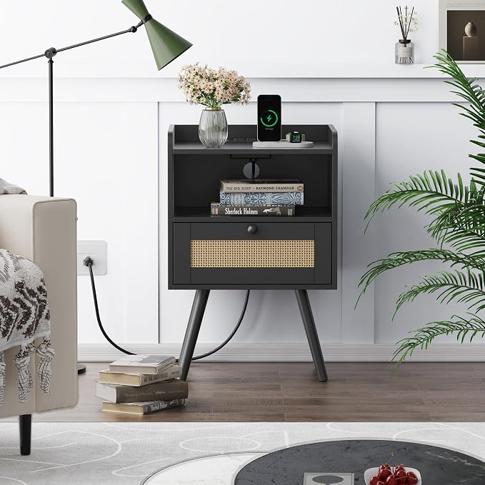 SUPERJARE Nightstands with Charging Station, Bedside Table Set of 2 with PE Rattan Drawers, Rattan Side Table with Storage & Solid Wood Feet, End Table for Bedroom, Black - Image 2