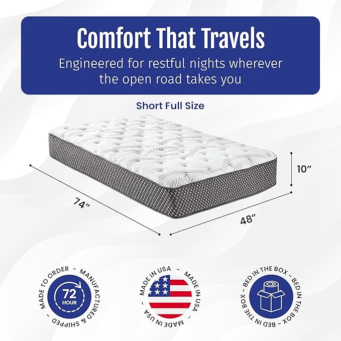WanderRest Cool Hybrid 10” RV Mattress, Short Full 48x74, Medium, Cooling Gel Memory Foam & Pocketed Coil Mattress for RV, Camper, or Travel Trailer, Made in USA