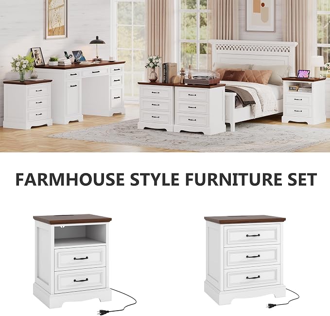 Farmhouse Nightstand with 3 Drawers,Wood Night Stand with Charging Station Modern End Side Table for Bedroom Bedside TableStorage Cabinet Small Dresser Chest of Drawers for Bedroom (1, White Brown) - Image 5