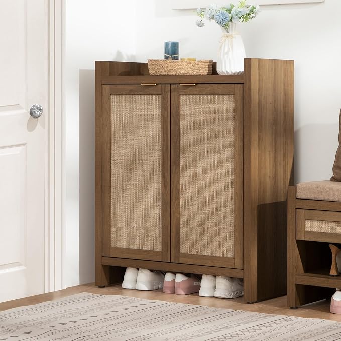 SICOTAS Shoe Cabinet Set of 3, Large Capacity Shoe Storage Organizer Cabinet, Tall Rattan Shoe Cabinet with Doors and Shelves, 6-Tier Farmhouse Boho Wooden Storage Cabinet for Entryway Hallway - Image 9