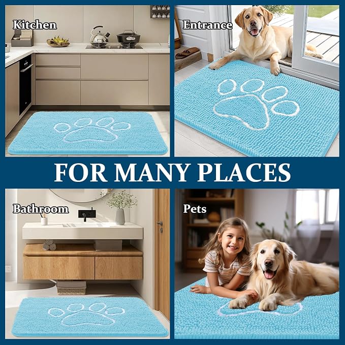 OLANLY Dog Door Mat for Muddy Paws 24x16, Paw Print Design, Absorbs Moisture and Dirt, Absorbent Non-Slip Washable Doormat, Quick Dry Chenille Mud Mat for Dogs, Entry Indoor Entryway Carpet, Blue - Image 8
