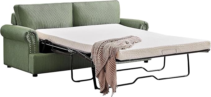 Reversible Sleeper Sofa Bed with Comfortable Memory Foam Mattress, Convertible Corduroy Full Size Pull Out Couch for Living Room, Space Saving Furniture, 76" Wide, Rounded Arms, Dark Green