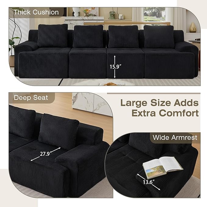 Modular Sectional Sofa, 6 Seat Modular Couch, Modular Sofa with Deep Seat and Detachable Pillow (Black, 4 Pieces-Rowshape)