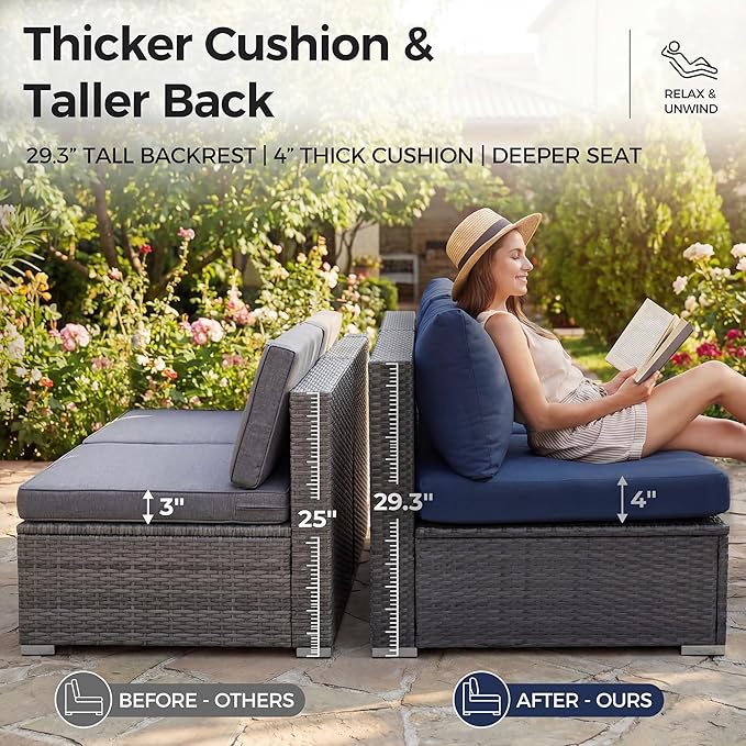 NICESOUL 9 Piece Oversized Outdoor Patio Furniture Set, 29.3'' High Back Comfy Sectional Sofa Set with Firepit Natural Gas & Propane, Deep Seating Conversation Couches, 2 Color Cushion Navy & Gray