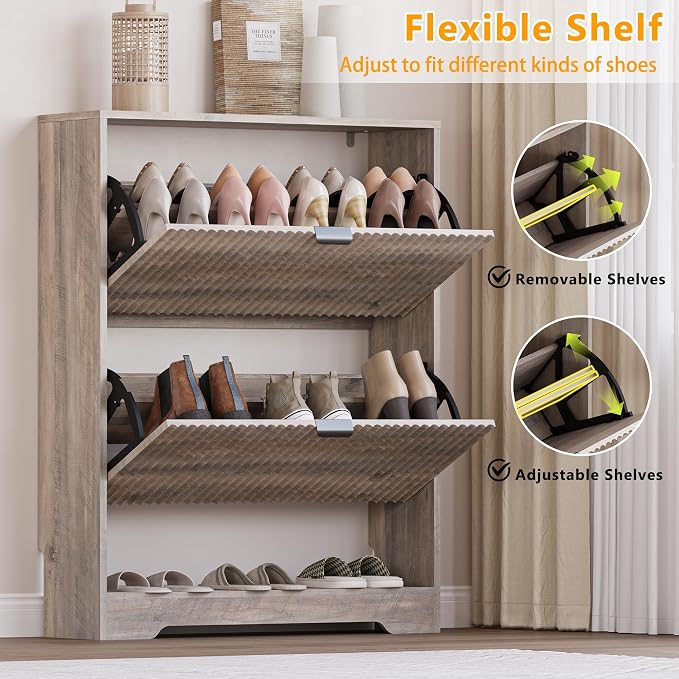 BORNOON Shoe Cabinet with 2 Flip Drawers, Fluted Shoe Storage Cabinet with Adjustable Shelves, Freestanding Rack and Organizer for Entryway, Closet, Hallway - Image 3