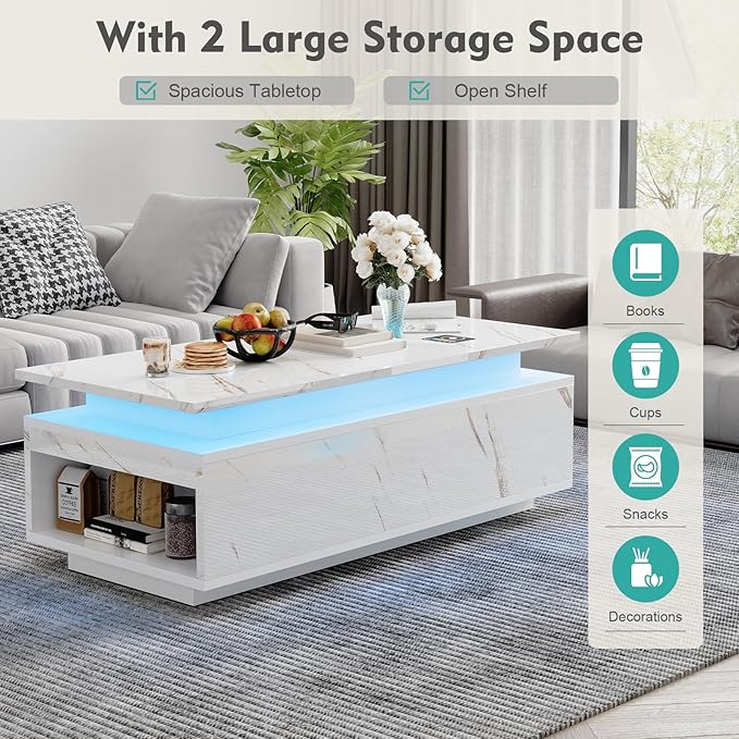47" Modern LED Coffee Table with Wireless Charging, Bluetooth Speaker, and USB Ports, High Glossy Marble Coffee Table with Large Open 2-Tier Storage and Shelves for Living Room - White