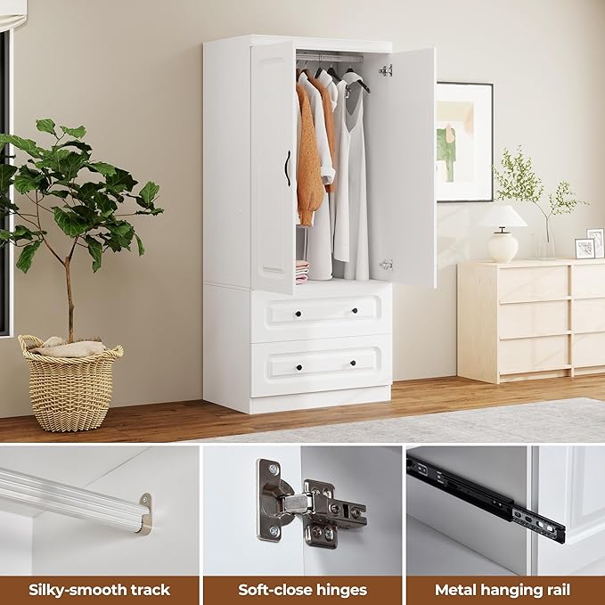 Armoire Wardrobe Closet with 2 Doors, White Cabinet with 2 Drawers and Clothes Storage Organizer, Modern Style with Hanging Rod Shleves Suitable for Bedroom(32" W x 20.5" D x 70.87" H)