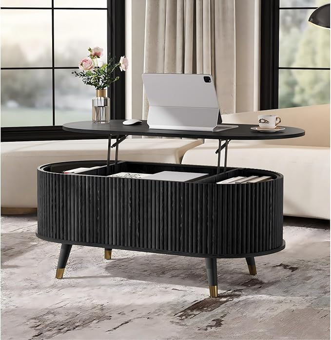 SULIVES Oval Coffee Table with Storage,Multifunctional Lift Top Drum Coffee Table, Small Fluted Center Table for Living Room, Black