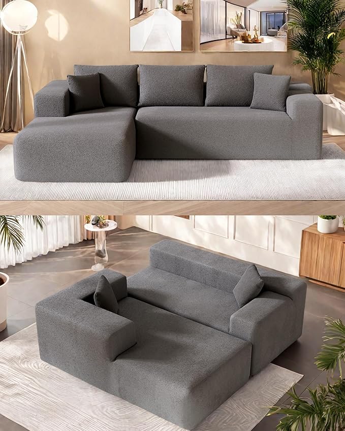L-Shape Cloud Sectional Sofa, 104” Modern Modular Boneless Couch with Right Chaise Lounge, Compressed Floor Sofa with 5 Pillows & Deep Seat, Rain Drop Velvet Couch for Living Room, Light Gray