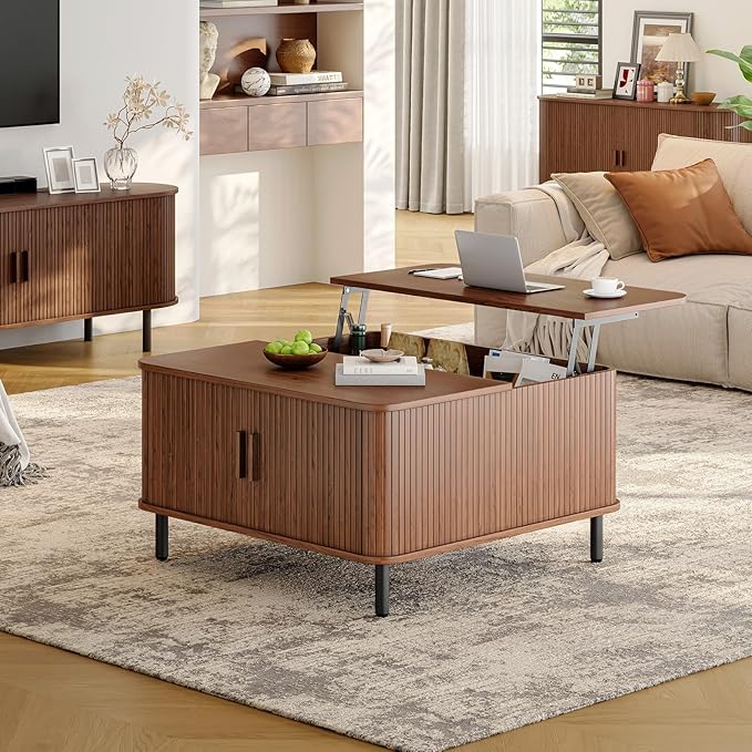 ONBRILL Lift Top Coffee Table with Large Hidden Compartment, Wood Square Coffee Table with Adjustable Footpads, Mid-Century Modern Lift Tabletop Dining Table for Living Room, Home Office, Walnut