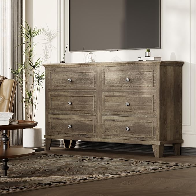 GAOMON Dresser for Bedroom, 6 Drawer Wide Dresser Storage Organizer, Modern Wooden Chest of Drawers with Metal Handles for Hallway, Entryway, Home Office, Grey - Image 3