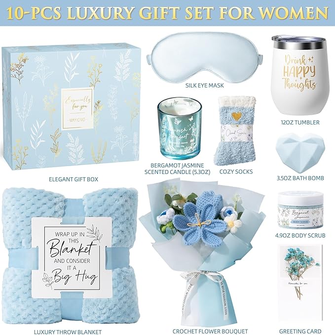 Mothers Day Birthday Gifts for Women Self Care Package Get Well Soon Gift Baskets, Thinking of You Sympathy Spa Gift Set w/ Crochet Flower Bouquet, Unique Gifts for Women Mom Sister Grandma Friends