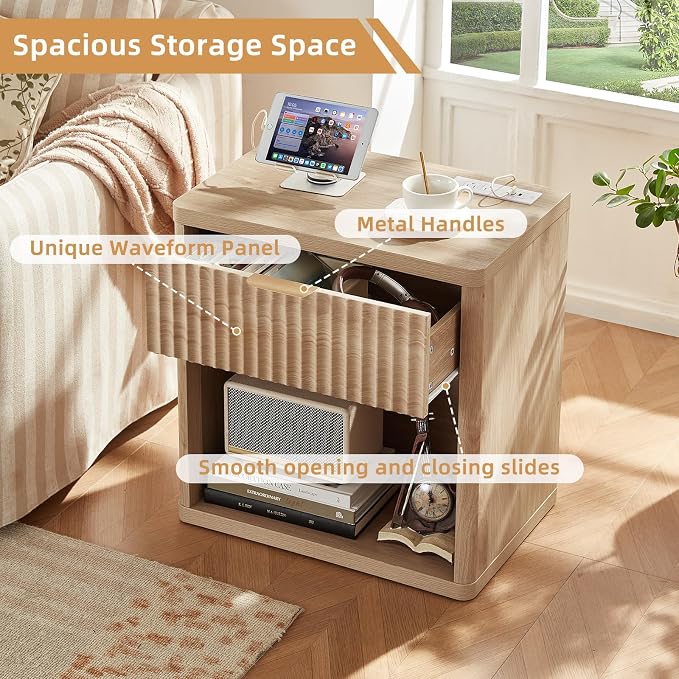 LEYAOYAO Fluted Farmhouse Nightstand Set of 2 with Charging Station, 23" Wide 1 Drawers Night Stand,Natural Dresser for Bedroom,Bed Side Table Chest of Drawers,Wood End Table for Living Room - Image 8