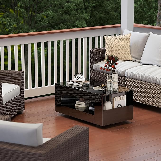 Glossy Coffee Table with Open Shelf Storage - High Gloss Modern Cocktail Table for Living Room, Bedroom, Office