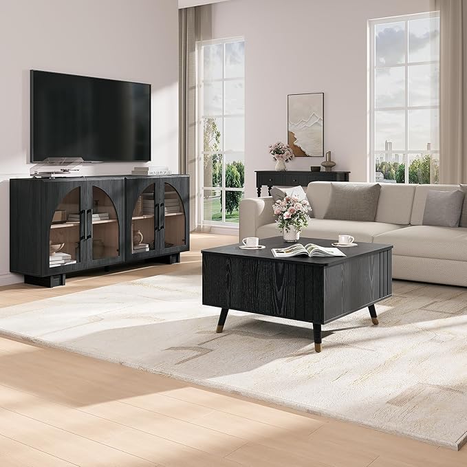 Black Lift Top Coffee Table with Storage, 32 Inch Mid Century Modern Square Center Table with Rising Top for Living Room