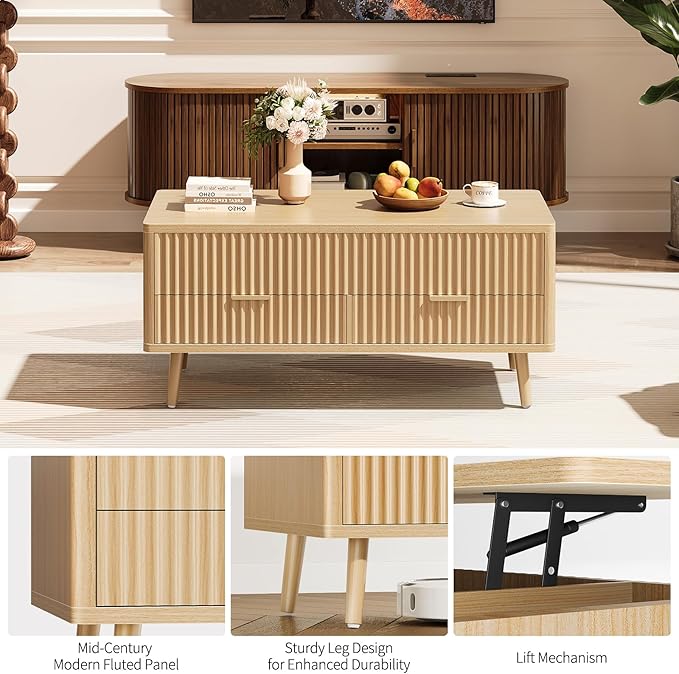 Lift Top Coffee Table with Storage - Fluted Wood Coffee Tables for Living Room with Drawers & Hidden Compartment, Mid Century Modern Square Large Center Table for Home Office, Reception