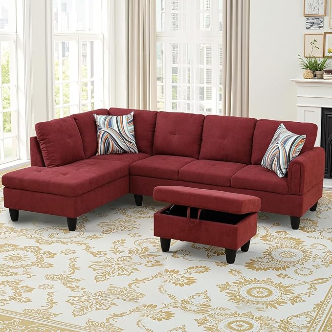 NicBex Modular L-Shaped Sectional Couches, 3-Piece Convertible Couch with Storage Ottoman, 4-Seat Comfy Sofa with Chaise for Living Room & Apartment, Red