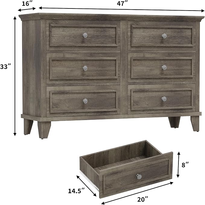 GAOMON Dresser for Bedroom, 6 Drawer Wide Dresser Storage Organizer, Modern Wooden Chest of Drawers with Metal Handles for Hallway, Entryway, Home Office, Grey - Image 2