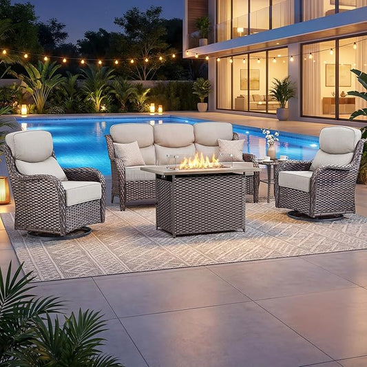 Luxury Patio Furniture Set with 6-inch Thick Cushion, Outdoor Furniture with Fire Pit Table, Swivel Chairs, Side Table, Sofa, 5pcs Wicker Conversation Set for Deck Yard and Poolside(Beige)