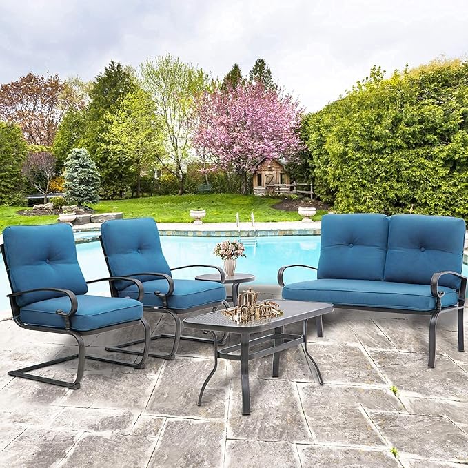 SOLAURA 5-Piece Patio Furniture Conversation Sets with Wrought Iron Loveseat and Spring Chairs（Peacock Blue）