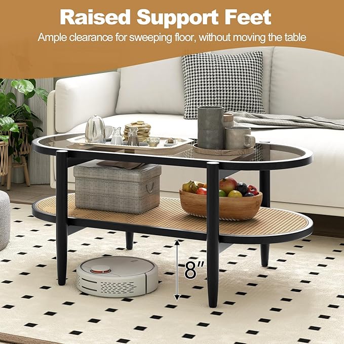 Giantex Rattan Coffee Table, 2-Tier Oval Wood Tea Table with Tempered Glass Tabletop & PE Rattan Storage Shelf, 40" Boho Cocktail Tables, Mid Century Modern Center Table for Living Room Office, Black