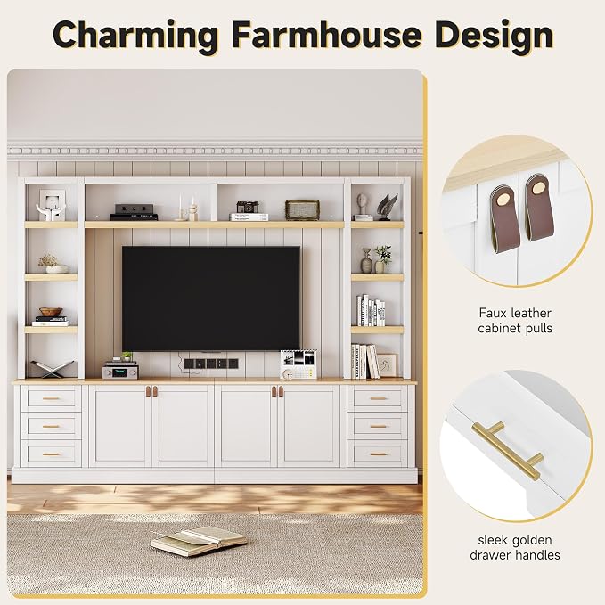 Merax 102.3 Inch Wide Farmhouse Entertainment Center, Rustic TV Stand with 6 Drawers & Adjustable Shelves, Large Media Console for TVs up to 75", Modern Bookshelves Wall Unit, White - Image 3